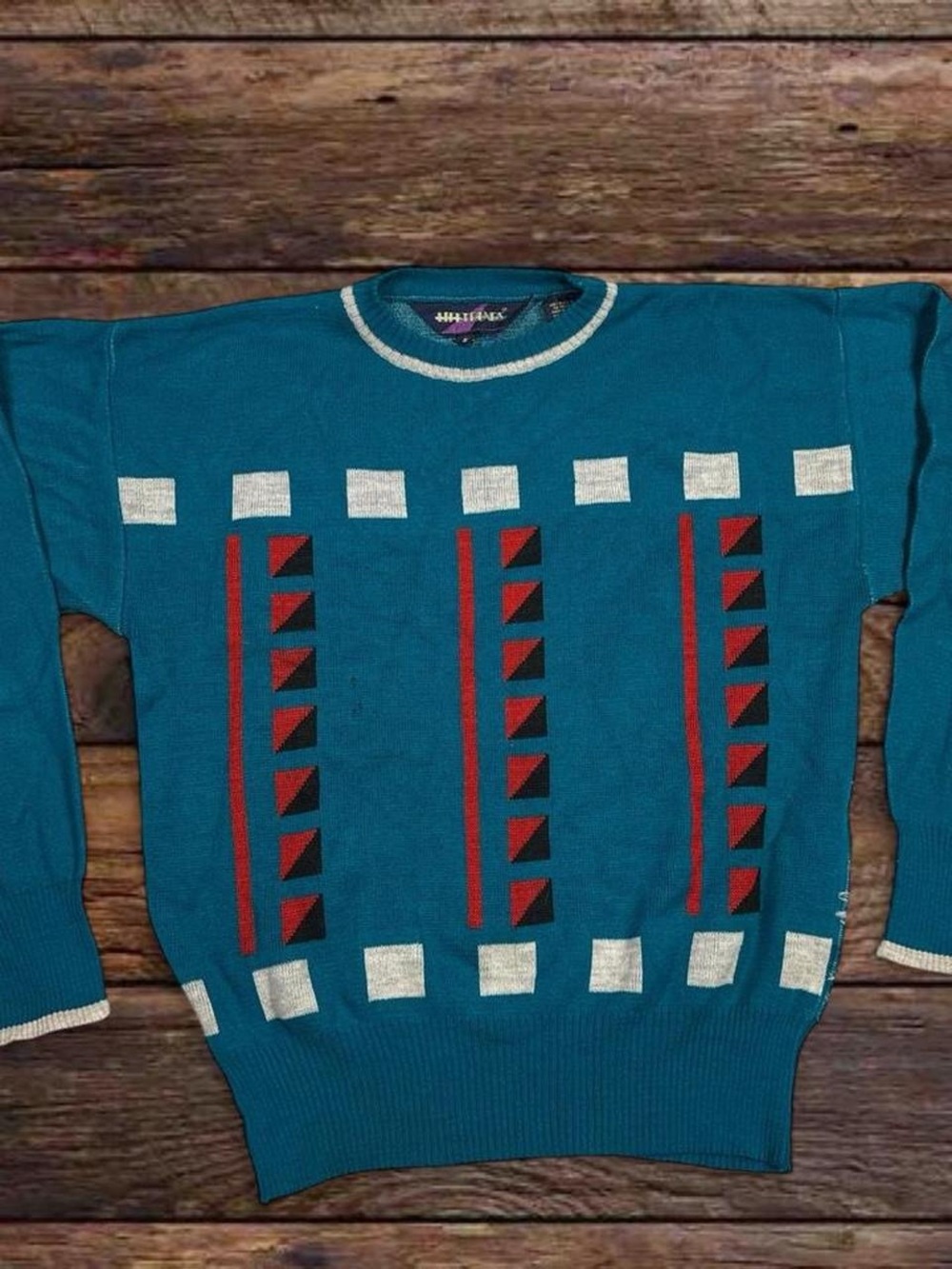 Men's Teal Geometric Crewneck Sweater with Red Accents